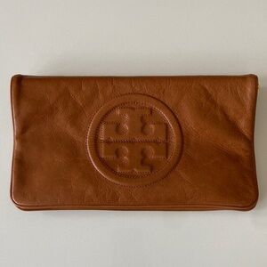 Tory Burch Cognac Leather Logo Foldover Clutch